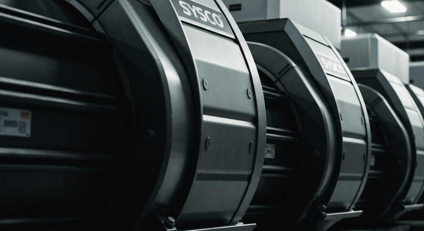 An extreme close-up of heavy, industrial food distribution machinery in muted tones of grey, black, and silver, conveying the scale and efficiency of Sysco's operations as a major player in the foodservice industry.
