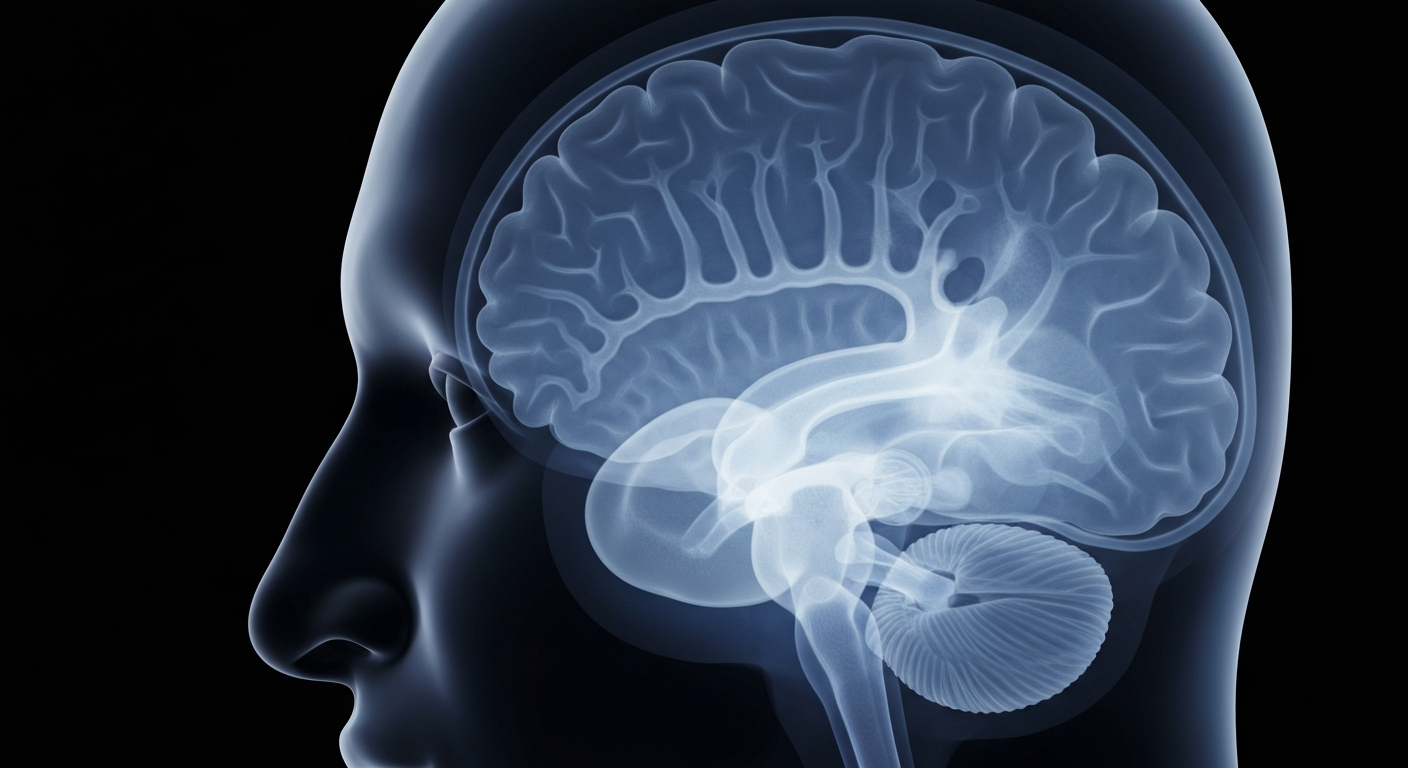 A ghostly, translucent X-ray image of a human brain, with glowing blue and grey lines revealing its intricate internal structures against a dark background, conceptually representing the effects of cannabis use on the developing adolescent mind.