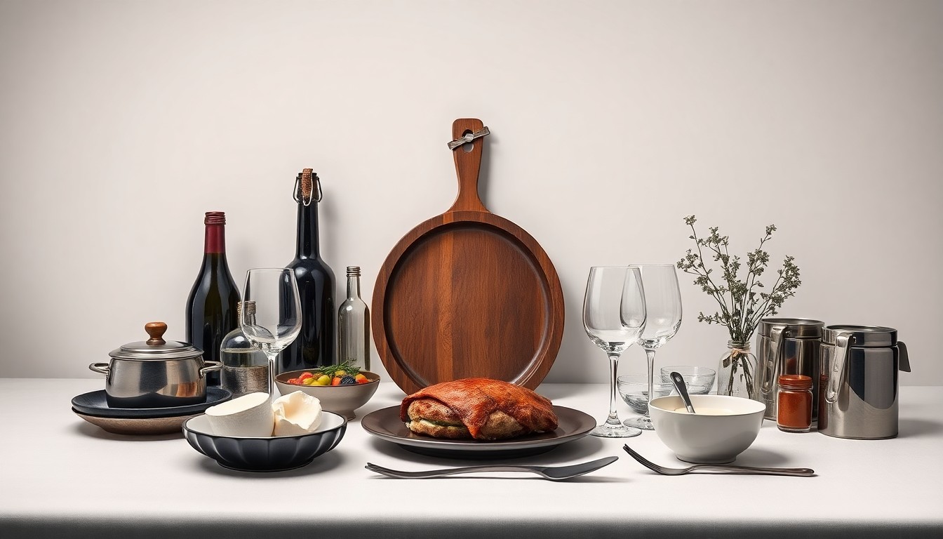 A high-end, photorealistic studio still-life photograph featuring a collection of premium dining and kitchen items arranged elegantly on a clean, monochromatic seamless background, conceptually representing the renewed purpose and refined elegance of the Killbuck Inn restaurant under new ownership.
