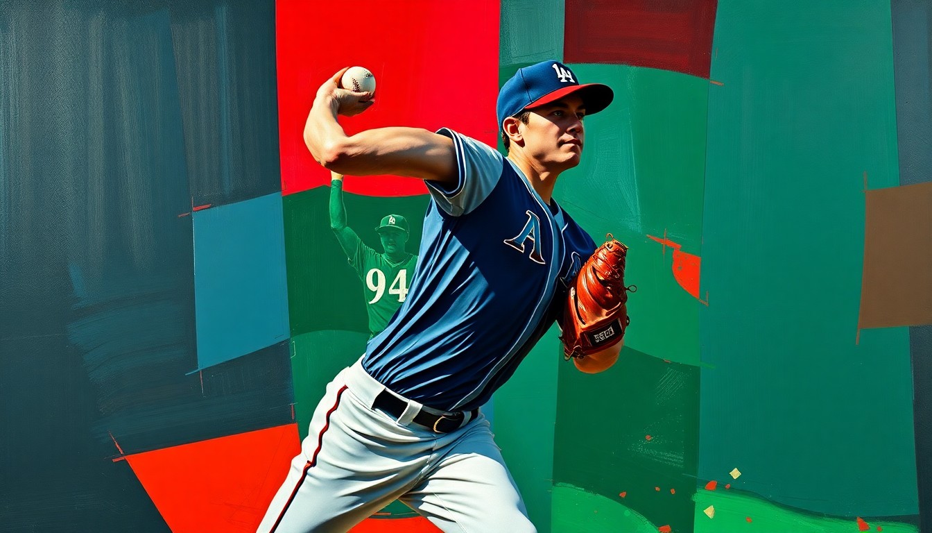 A fragmented, geometric painting depicting the motion and energy of a young baseball pitcher's throwing motion, with sharp planes of navy, green, and red colors.