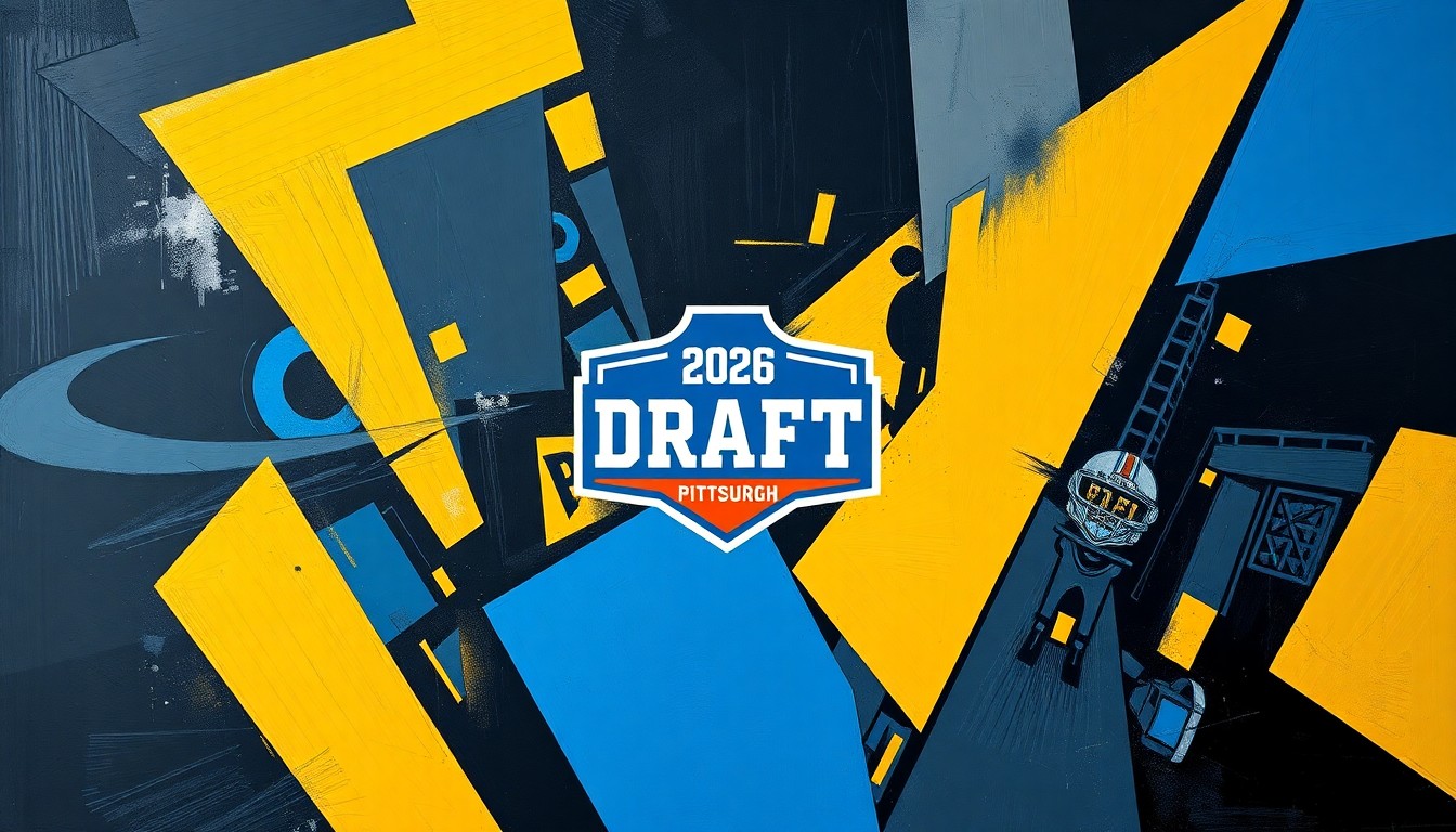 A fractured, cubist-style painting depicting the energy and excitement of the 2026 NFL Draft in Pittsburgh, with sharp geometric shapes and planes in vibrant shades of black, gold, and steel blue.