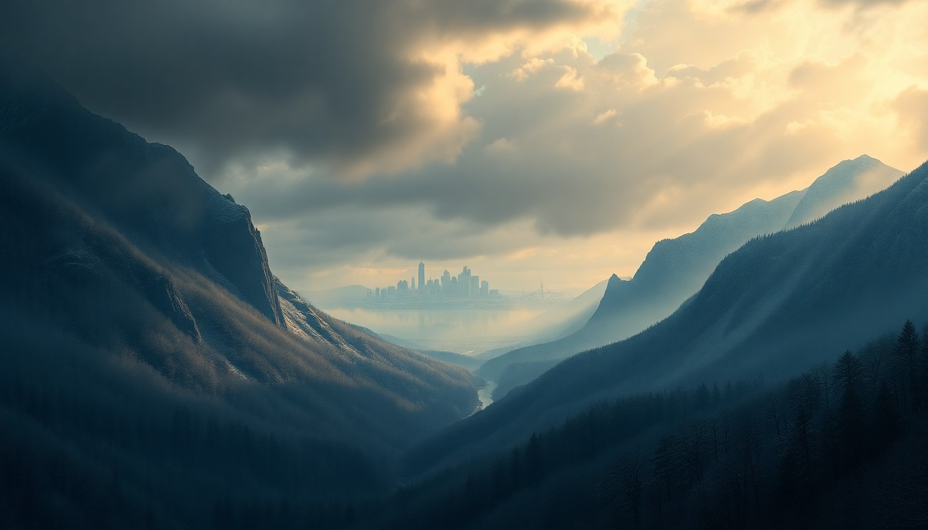 A vast, majestic landscape painting in muted tones of gray, blue, and white, capturing the overwhelming power of the natural world as a faint outline of the Pittsburgh skyline is dwarfed by the dramatic weather conditions.