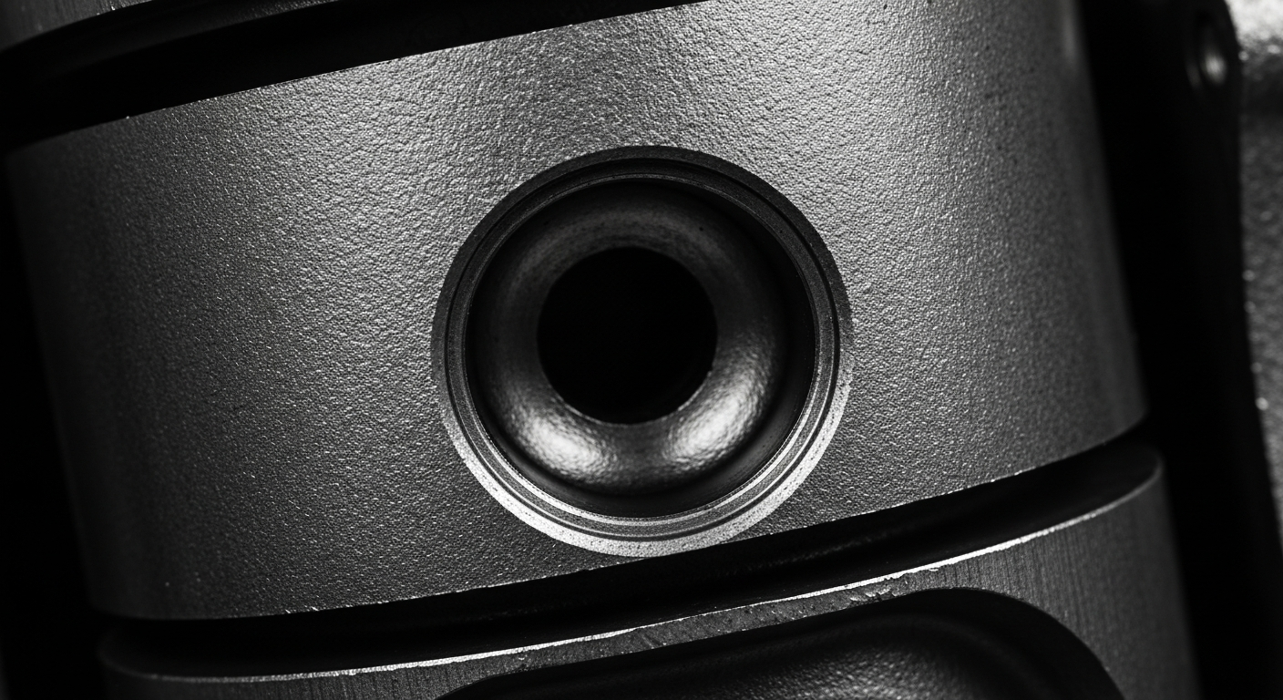 An extreme close-up of the textured surface of an automotive part, such as a piston or engine block, in dramatic lighting that emphasizes the intricate details and raw materials of the vehicle's engineering.