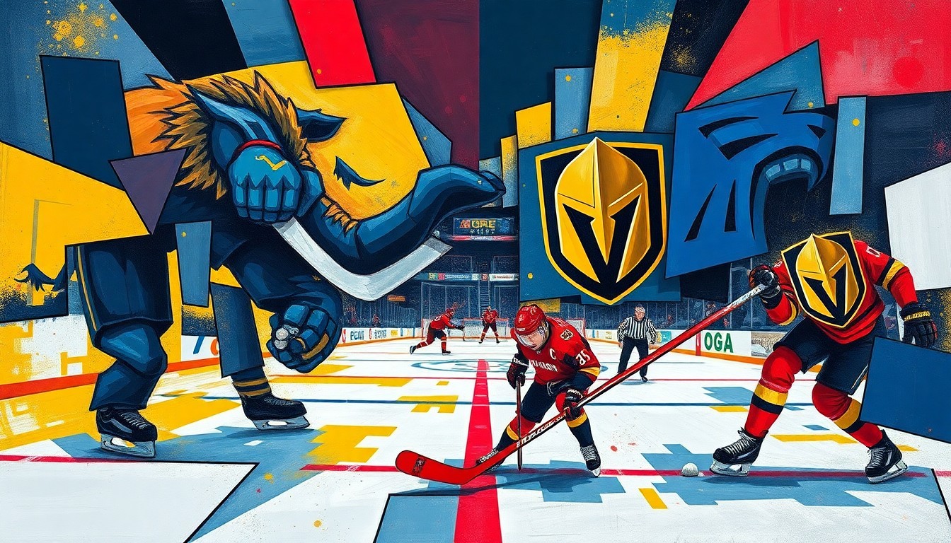A fractured, multi-perspective painting in vibrant colors, breaking down a hockey game between two teams into sharp, overlapping geometric planes to create a dynamic, kinetic composition.