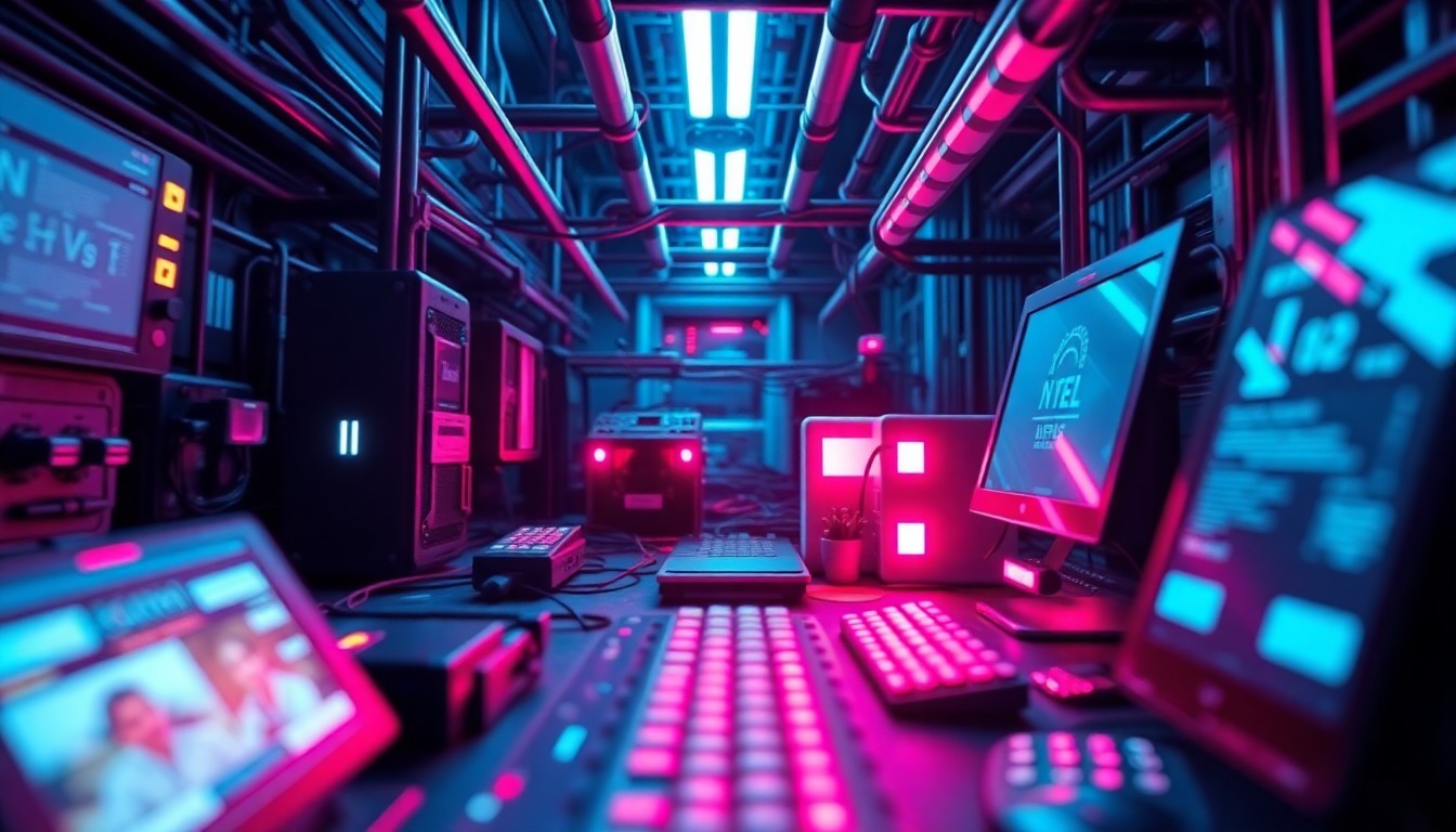 A highly detailed, glowing 3D illustration of various interconnected technology components, such as circuit boards, cables, and servers, bathed in a vibrant neon cyan and magenta color palette, conceptually representing the digital transformation of the news industry.