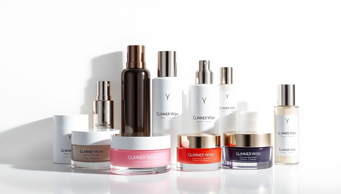 A high-end, photorealistic studio still-life photograph featuring a collection of Glimmer Wish beauty products arranged elegantly on a clean, white seamless background. The products are made from polished, premium materials and geometric shapes, using sharp, dramatic studio lighting and deep shadows to represent the brand's focus on clean, non-toxic formulas.