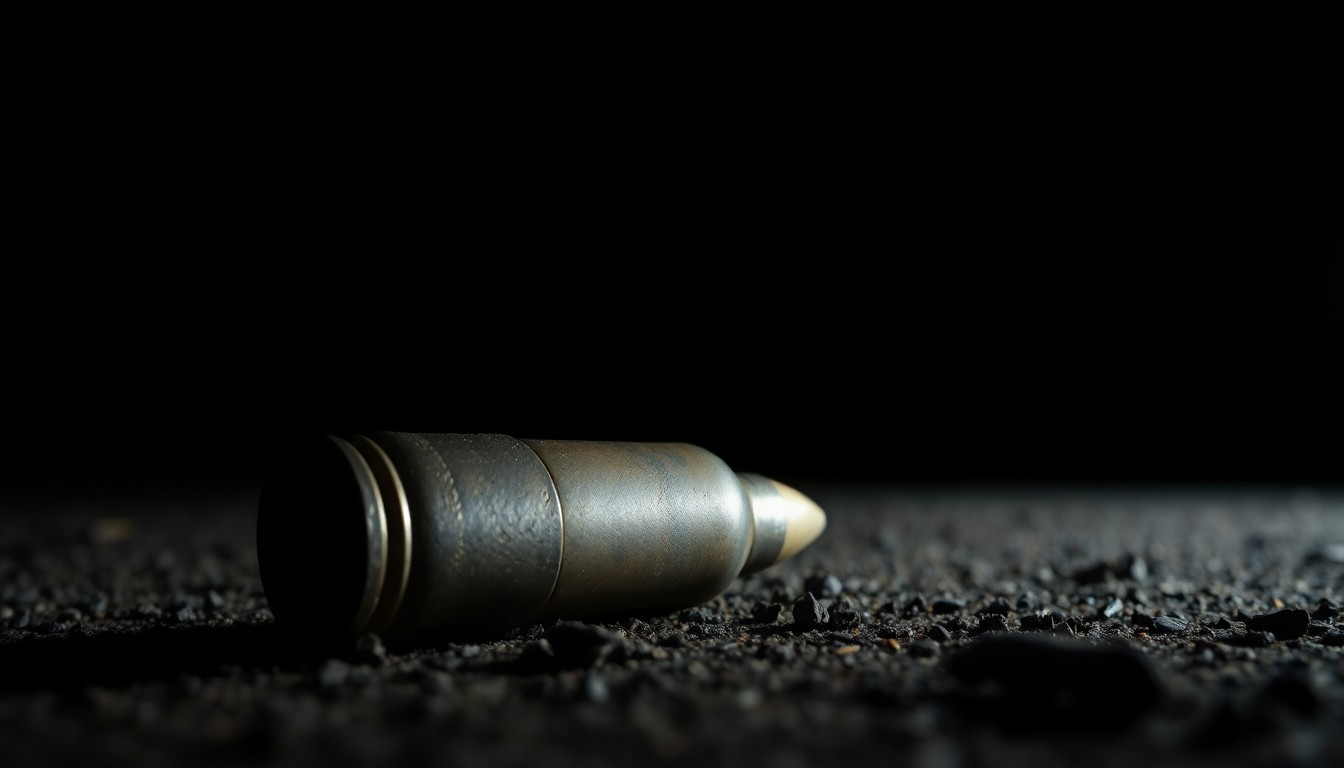 An extreme close-up photograph of a spent shell casing on the ground, the metallic texture and dramatic shadows creating a stark, gritty, investigative aesthetic.