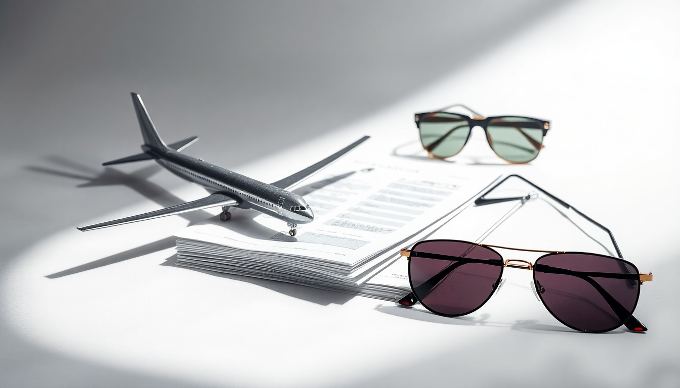 A photorealistic studio still life featuring a metal airplane model, financial documents, and aviator sunglasses arranged on a clean white background, symbolizing the abstract corporate strategy and regulatory challenges of a proposed airline merger.