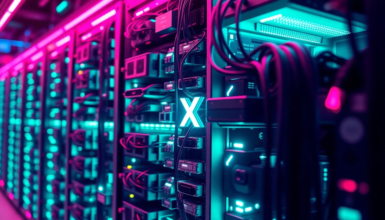 A highly detailed, glowing 3D macro illustration of a futuristic social media server rack, with neon cyan and magenta lights illuminating the intricate hardware components, conceptually representing the complex digital infrastructure behind emerging social media technologies.