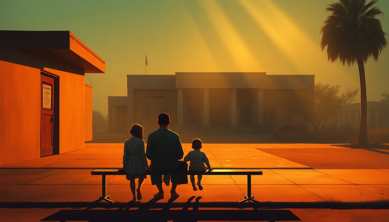 A cinematic painting depicting a migrant family sitting on a bench outside a government building, the warm light and deep shadows creating a contemplative, melancholy mood that captures the emotional weight of the protest against the Dilley detention center.