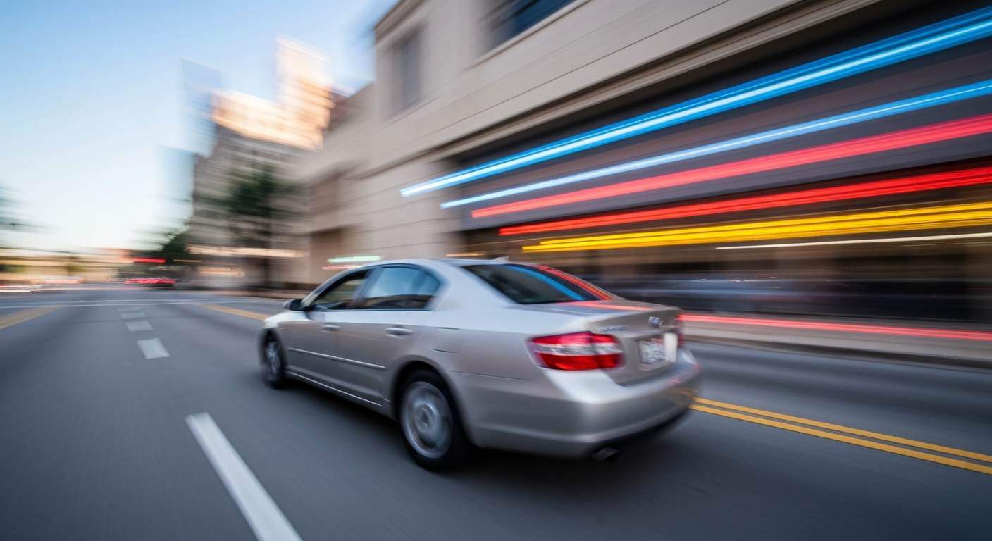 A blurred, abstract image of a rental car in motion, with streaks of vibrant color representing speed and movement, conceptually illustrating the dynamic nature of the budget car rental market.