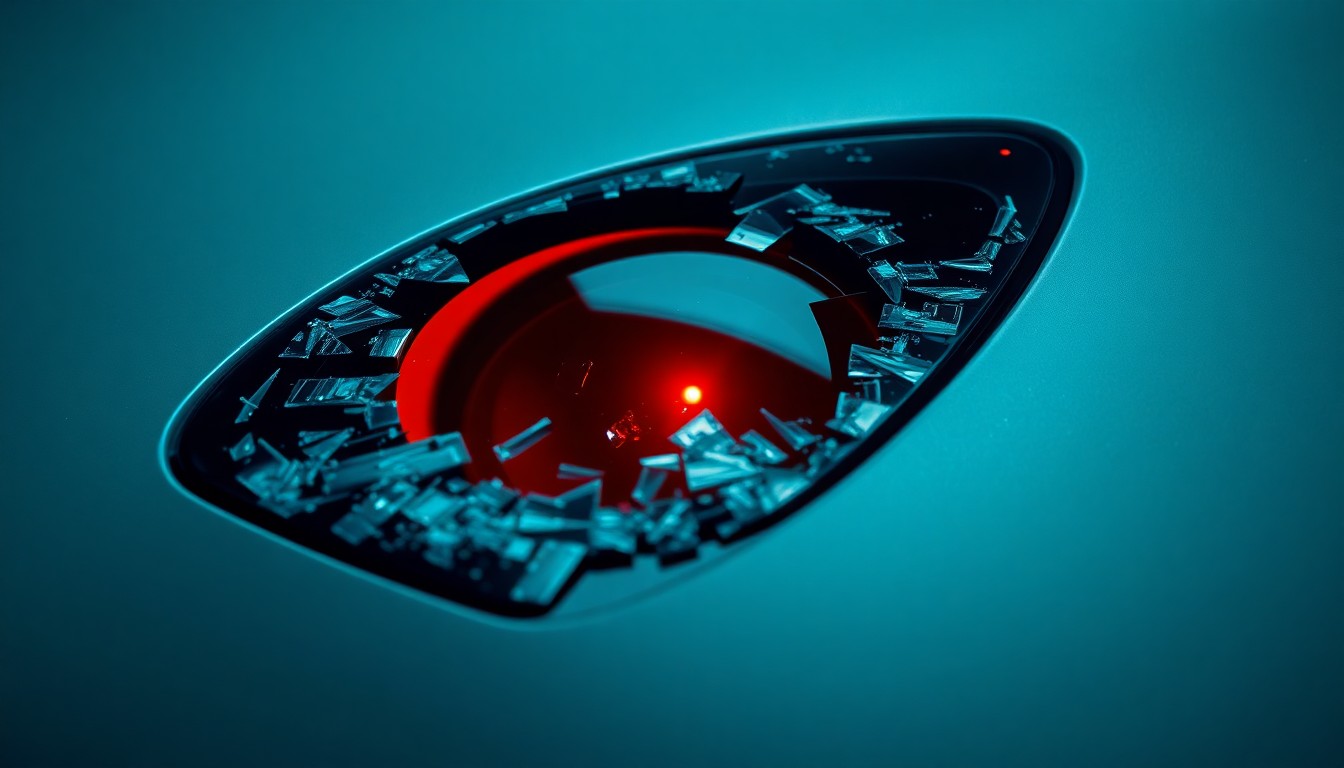 An extreme close-up of a shattered car sensor lens reflecting a faint red light, conceptually illustrating the vandalism of self-driving cars.
