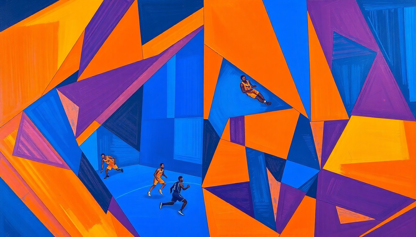 A cubist, geometric painting depicting a basketball game or playoff action, with sharp, overlapping shapes in vibrant shades of blue, orange, and purple, conveying the intensity and energy of the playoffs.