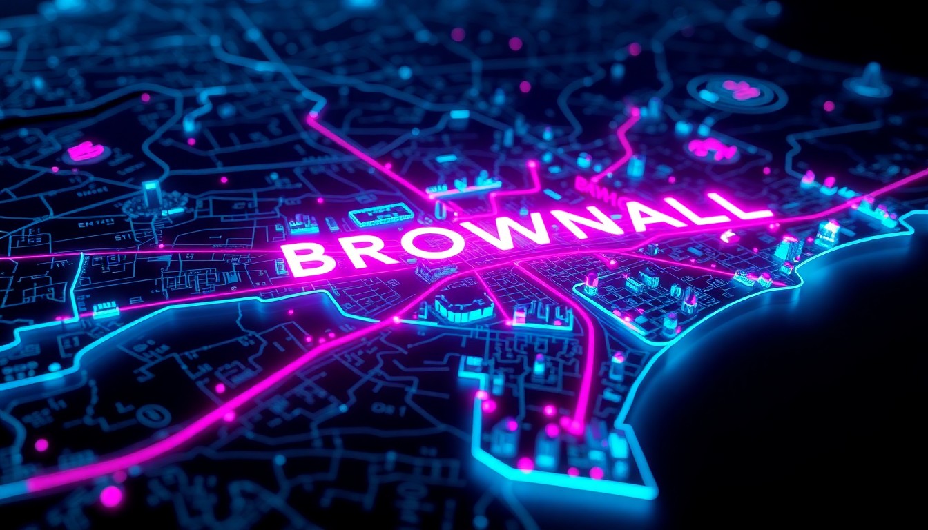 A highly detailed, 3D macro illustration of a glowing, neon-lit map of Brownsville, Texas, featuring recognizable landmarks and infrastructure illuminated by vibrant cyan and magenta lights, conceptually representing the community's embrace of unconventional cartography.