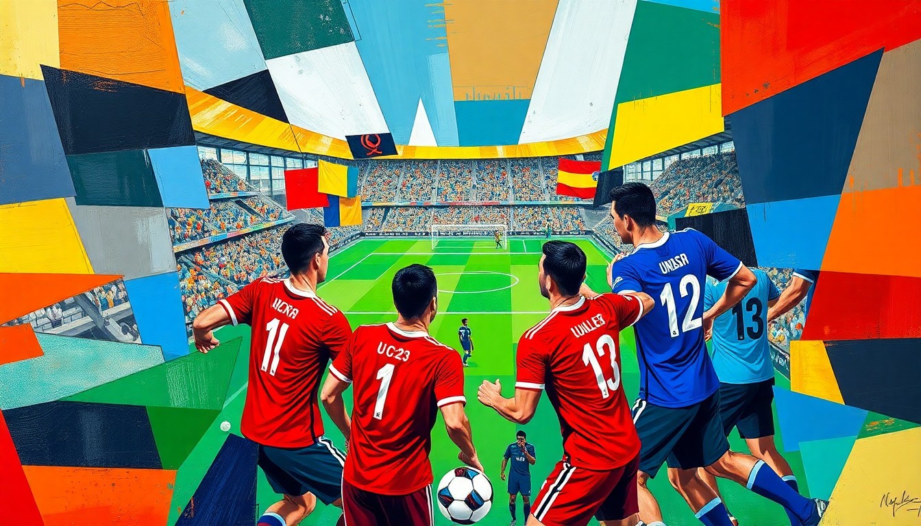 A cubist-style painting depicting a soccer match between the Indonesia U-23 and Australia U-23 national teams, with the players and the field of play broken down into sharp, overlapping geometric shapes in a vibrant color palette.