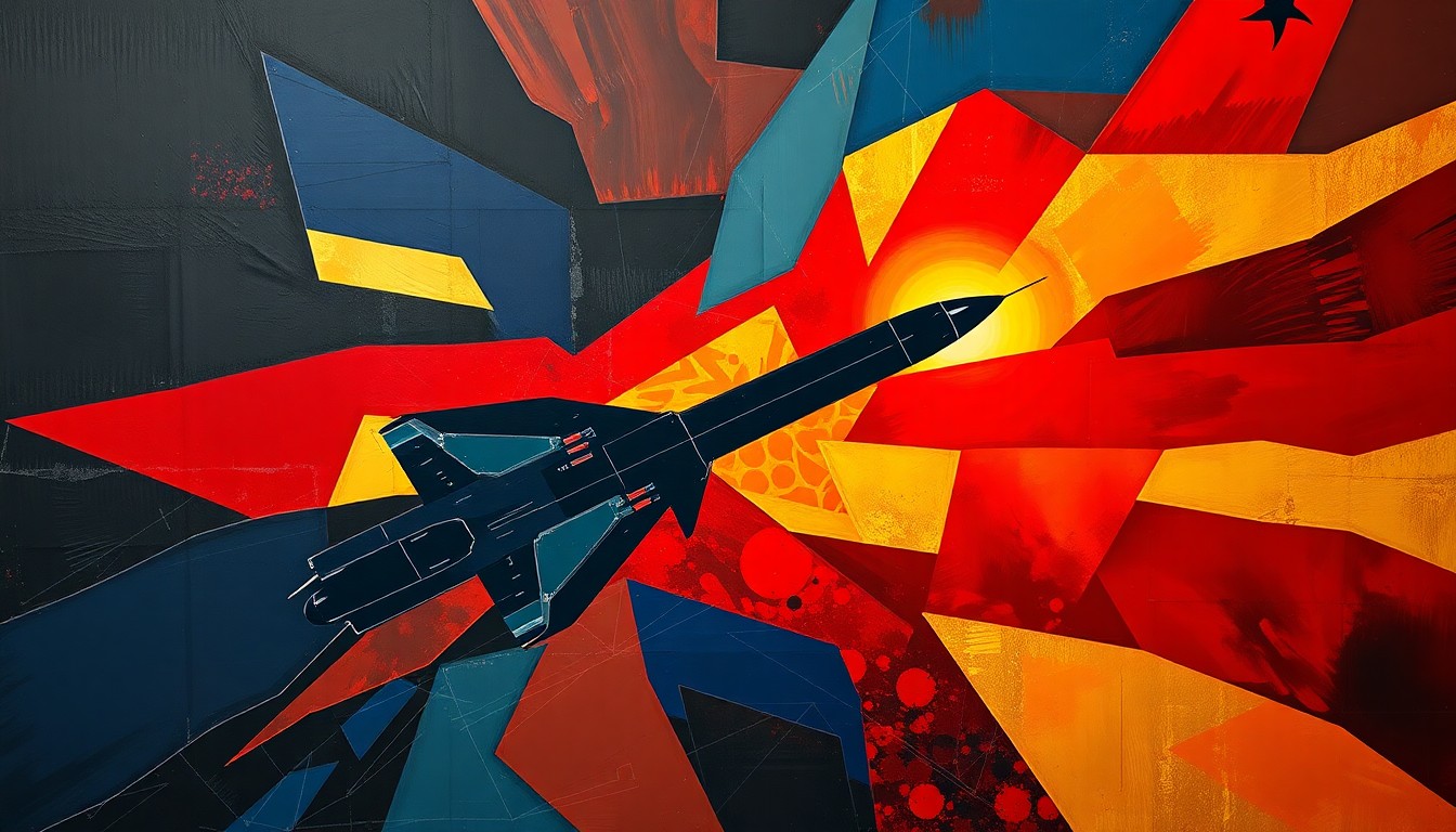 A dynamic, abstract painting in shades of blue, red, and gold depicting the silhouette of a missile or rocket in motion, conveying the escalating geopolitical tensions between Western and non-Western powers.