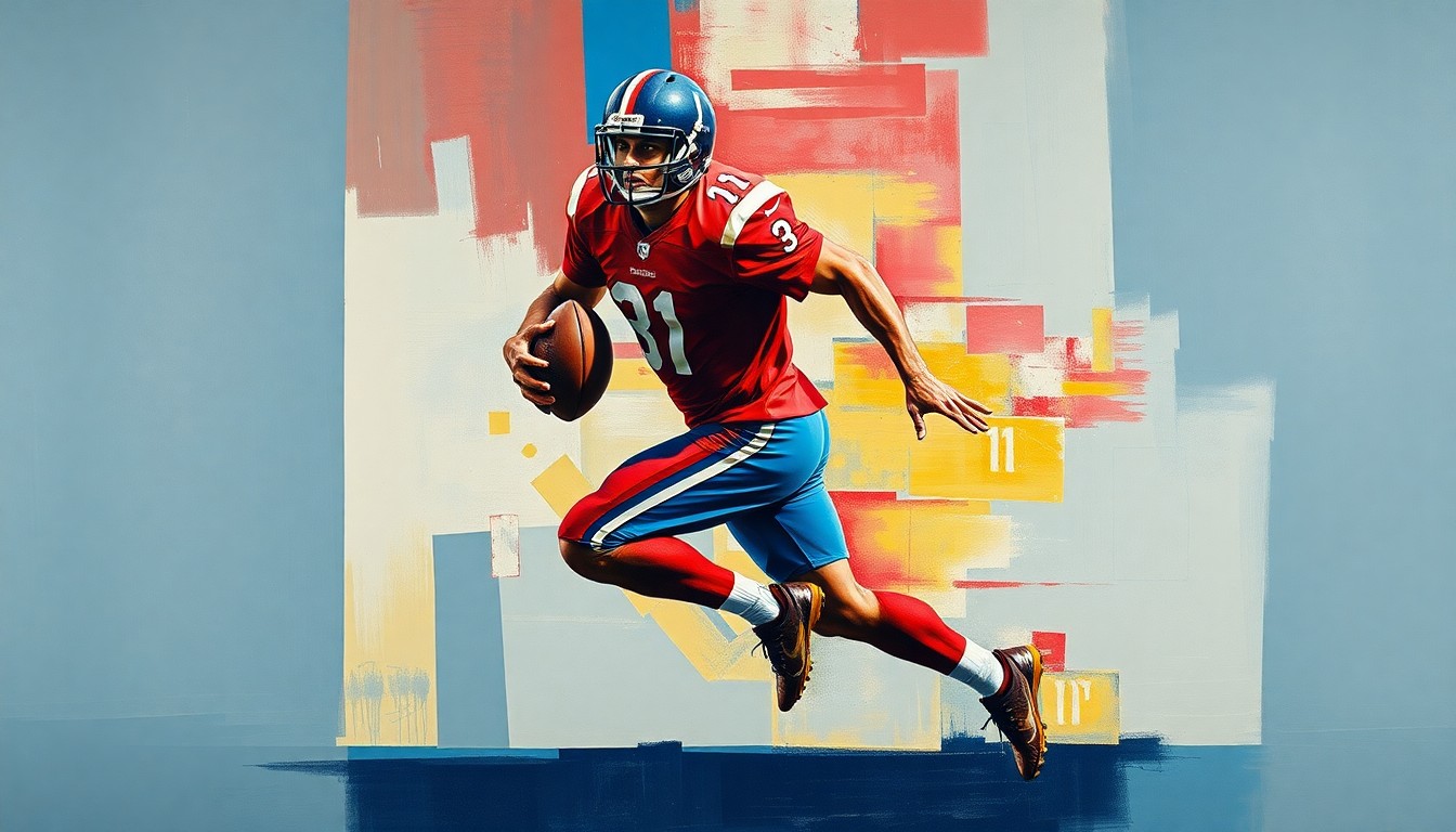 A fragmented, geometric painting depicting the dynamic movements of a football player, their body broken down into sharp, overlapping planes of color, capturing the raw energy and potential of a young talent about to join the NFL.
