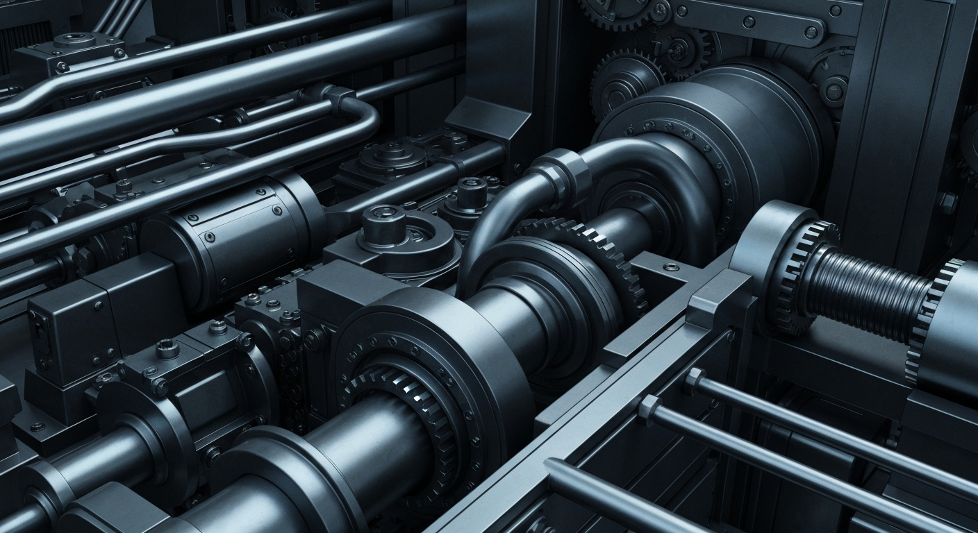 A dramatic close-up of complex, industrial banking machinery and equipment, conveying the tangible power and stability of financial institutions.
