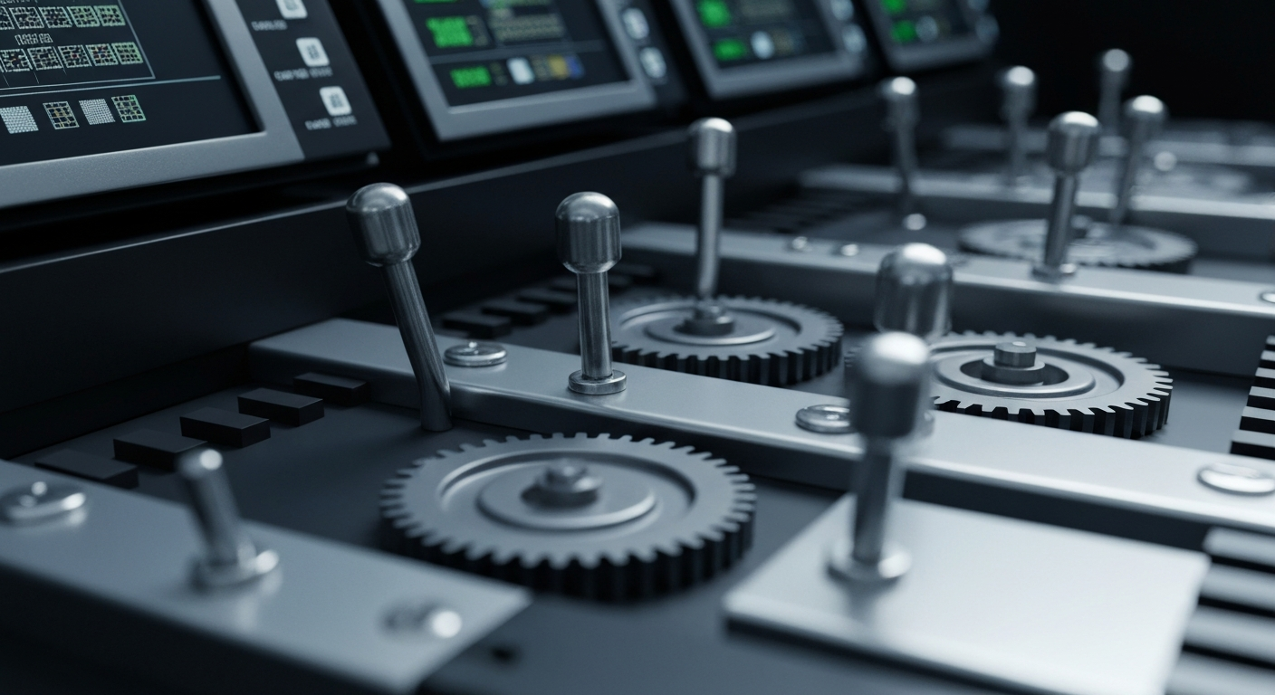 A highly detailed, macro-level view of the intricate mechanical and digital components that make up the inner workings of a stock trading system, representing the complex financial machinery behind a leveraged ETF investment.