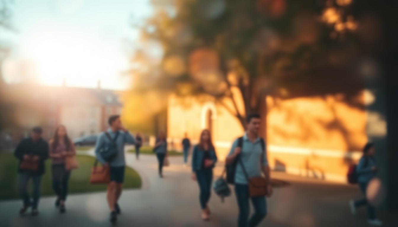 An abstract, impressionistic photograph of a university campus quad on a sunny day, with blurred figures of students walking through soft, warm pools of light and color, creating a dreamlike, atmospheric mood.