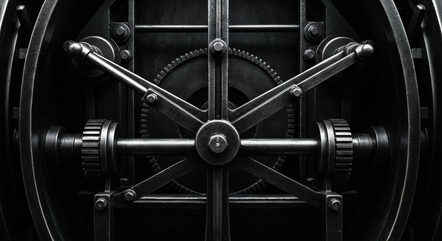 An extreme close-up of intricate, industrial banking machinery and gears, conveying the complex financial infrastructure behind a major technology company.