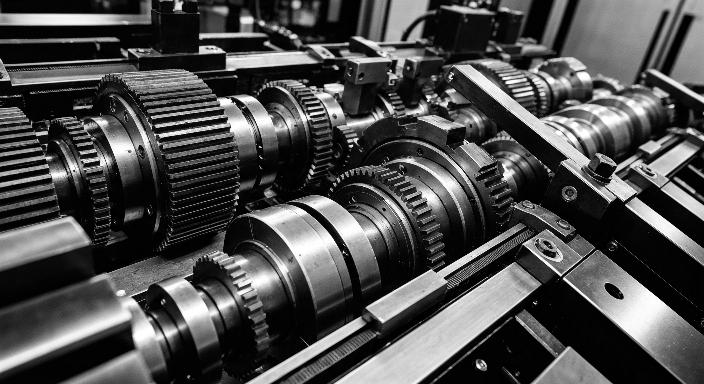 A high-contrast black and white close-up image of the gears, motors, and mechanisms of a semiconductor manufacturing machine, conveying the industrial scale and precision of modern chip production.