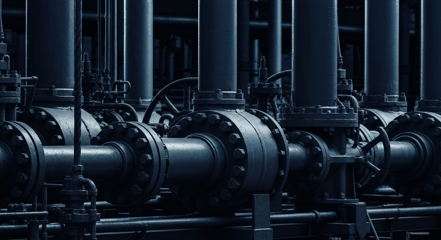 A highly detailed, cinematic close-up of industrial oil and gas equipment, capturing the physical and financial infrastructure of the energy sector in a visually striking, wordless metaphor.