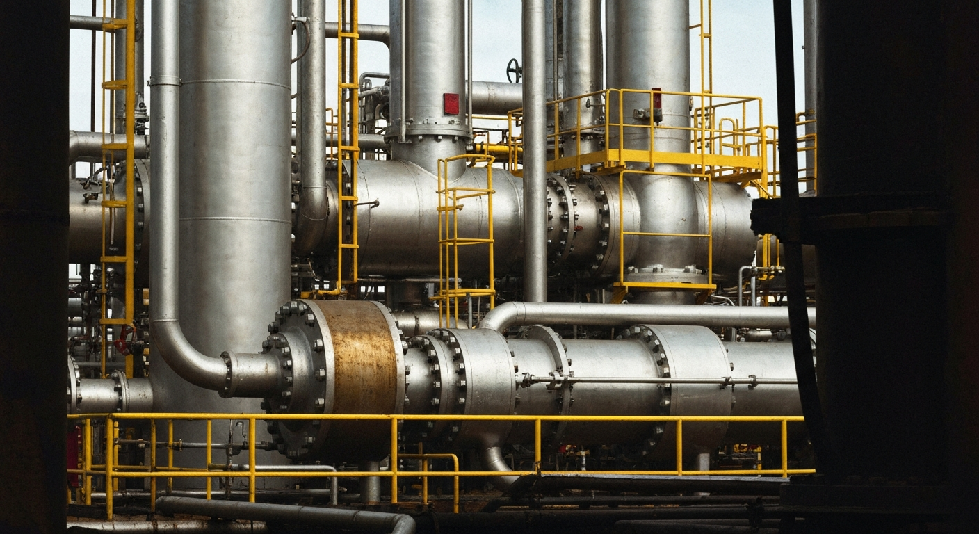 An extreme close-up of rugged, industrial oil refining equipment and machinery, conveying the physical, mechanical nature of Valero Energy's operations.