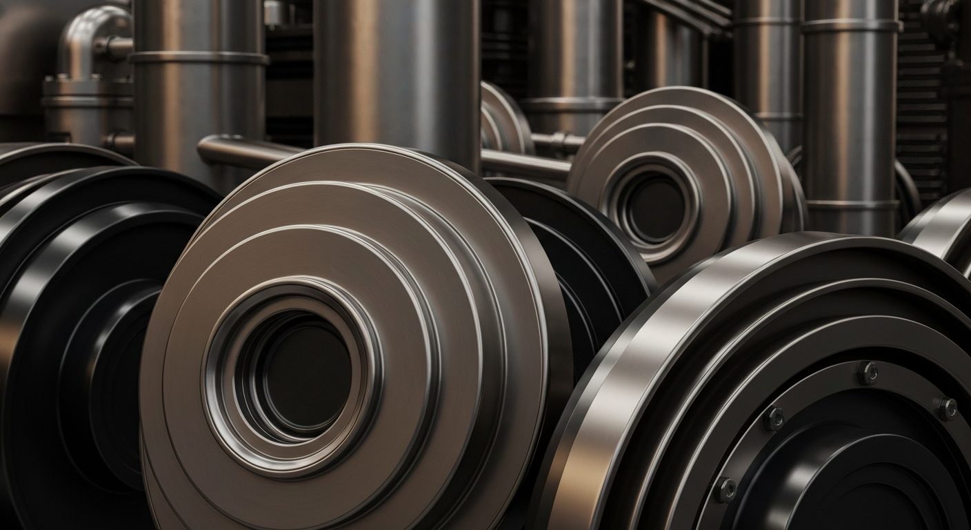 An extreme close-up of gleaming, intricate industrial machinery and equipment, conveying the solid, institutional power of the energy sector as a financial investment.