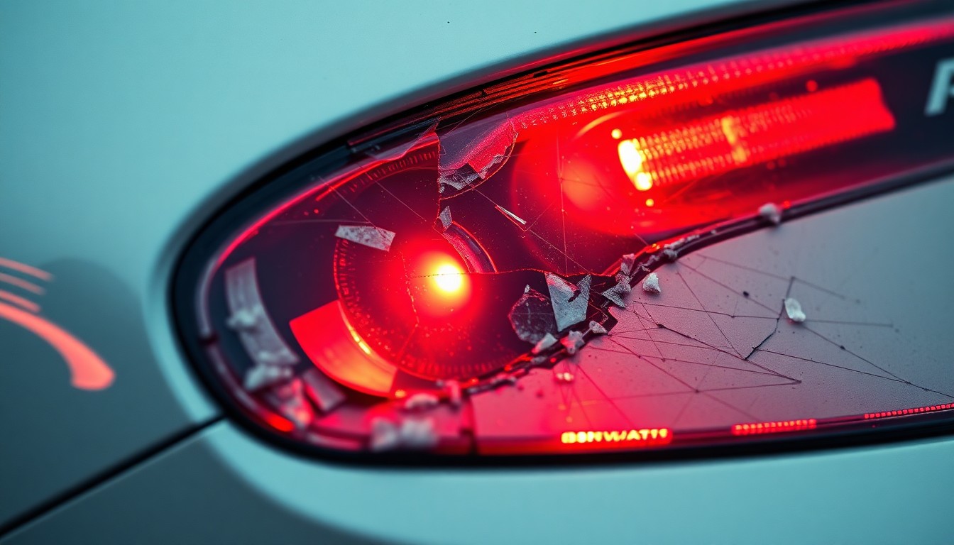 An extreme close-up of a shattered car sensor lens reflecting a faint red light, conceptually illustrating the vandalism of self-driving cars.