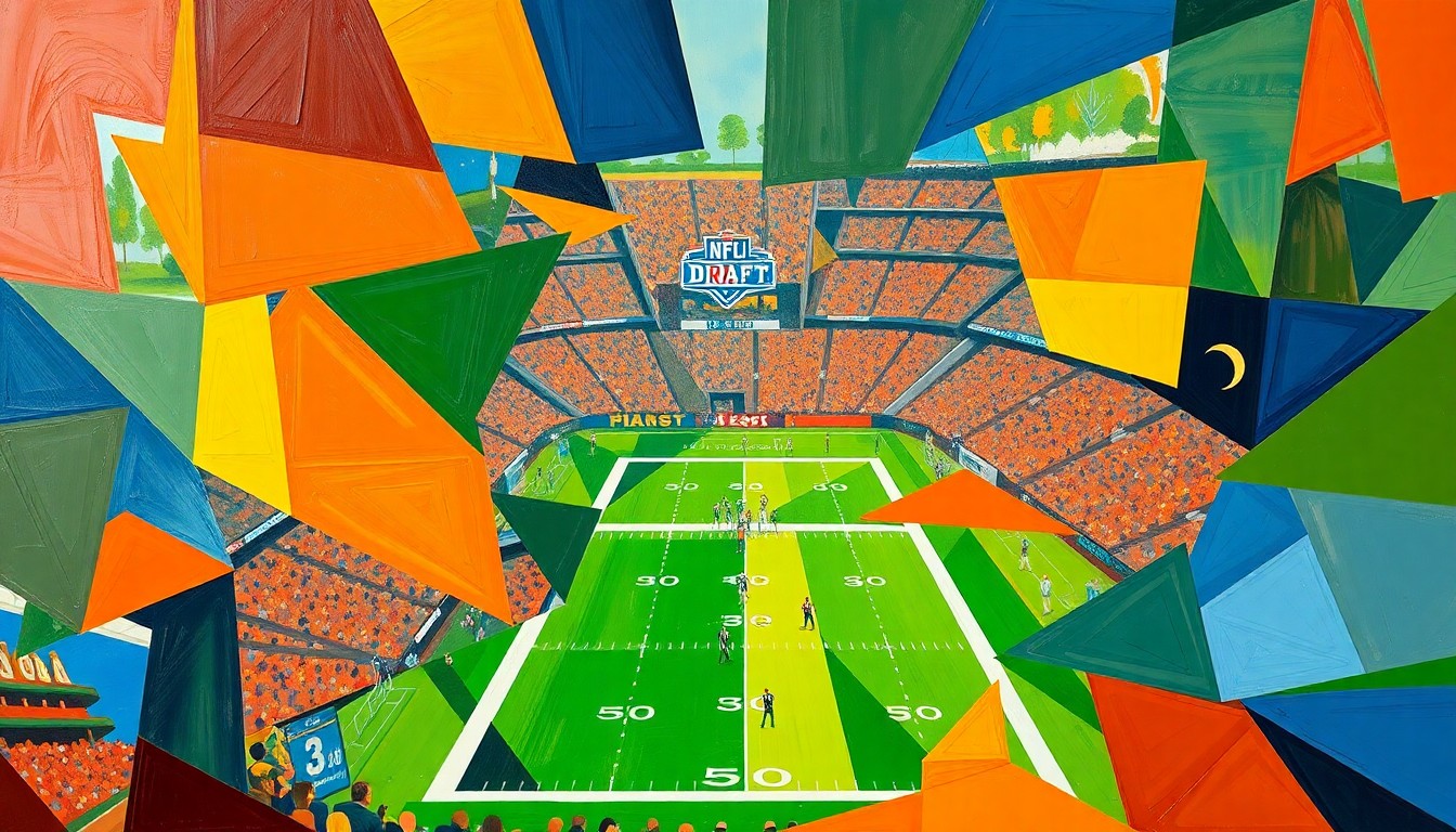 A cubist-style painting depicting fragmented, geometric shapes in shades of orange, green, and blue, representing the dynamic action and competition of an NFL draft event.