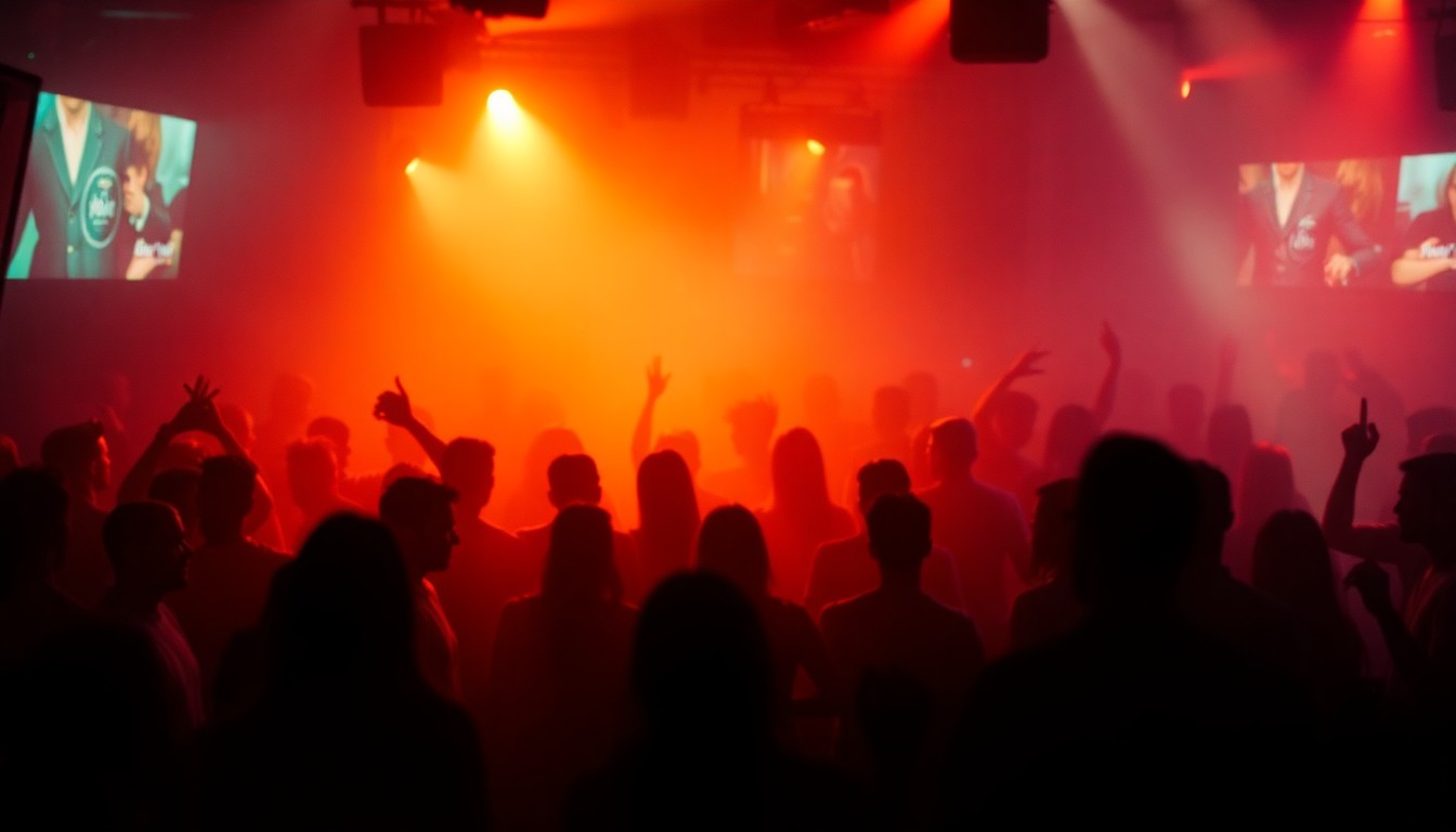 An abstract, out-of-focus photograph in warm, soft tones depicting the silhouetted figures of people dancing and socializing in a crowded nightclub, creating a dreamlike, atmospheric mood.