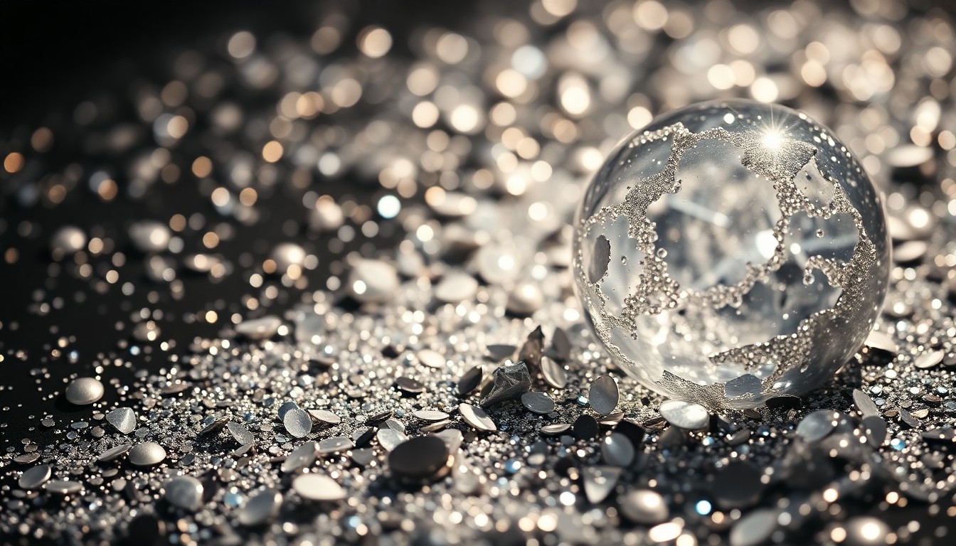 An abstract close-up image of shimmering sequins and shattered glass, capturing the glitz and glamour of celebrity culture in dramatic, high-contrast lighting.