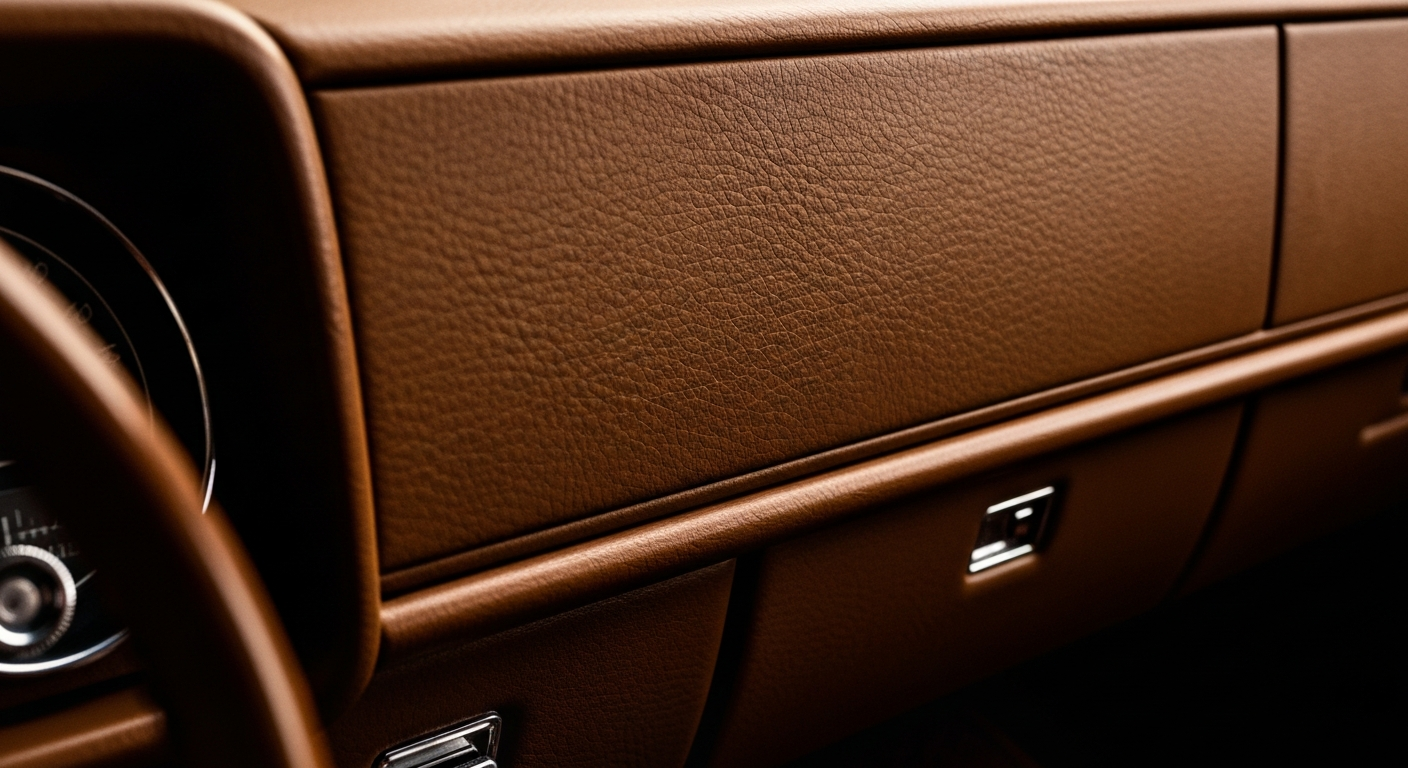 An extreme close-up of the pebbled leather interior of a classic car dashboard, capturing the warm, earthy tones and timeless craftsmanship that have defined the auto repair industry for decades.