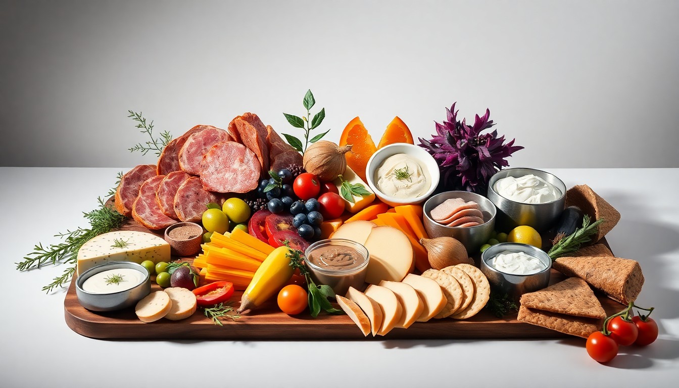 A high-end studio still life photograph featuring an elegant arrangement of premium charcuterie ingredients including cured meats, artisanal cheeses, fresh fruits and vegetables, and gourmet dips and crackers, all carefully composed on a clean, monochromatic background with dramatic lighting and deep shadows, conceptually representing the craftsmanship and visual appeal of Graze Craze's charcuterie offerings.