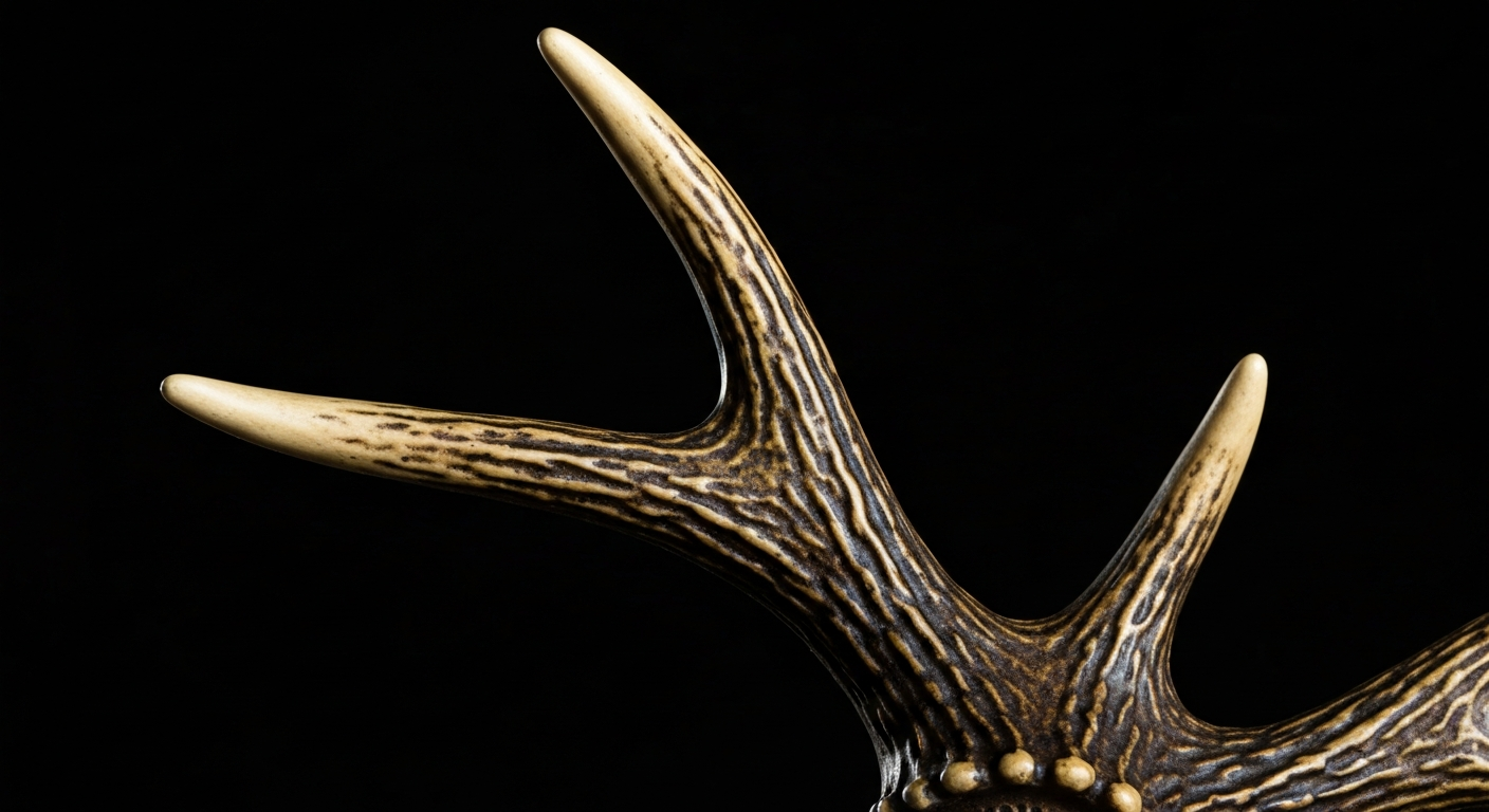 An extreme close-up of a rear view mirror antler car charm, showcasing the detailed texture and materials of the accessory against a dramatic, high-contrast background, conceptually representing the growing trend of car customization.