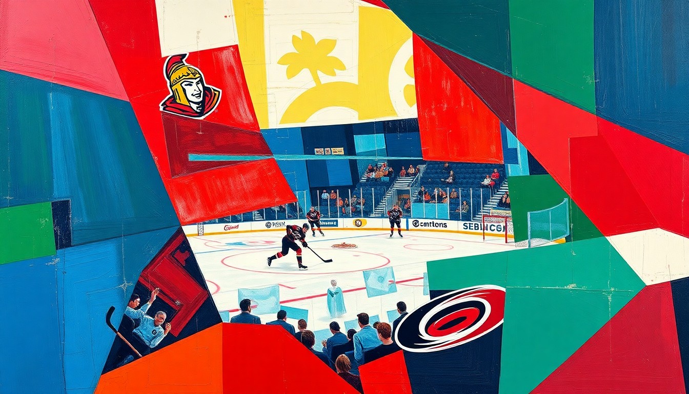 A cubist, geometric painting depicting the action and intensity of a hockey game between the Ottawa Senators and Carolina Hurricanes, with overlapping planes of color and shape representing the players, puck, and arena.