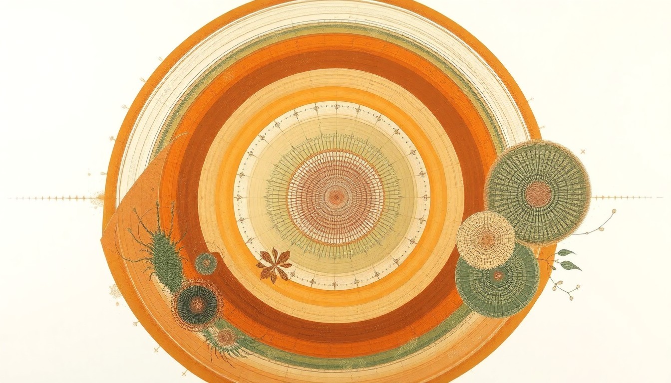 A highly structured abstract painting featuring sweeping geometric arcs, concentric circular patterns, and precise botanical spirals in earthy tones of ochre, terracotta, and sage green, conceptually representing the complex natural forces and fragile beauty of the Sonoran Desert ecosystem.