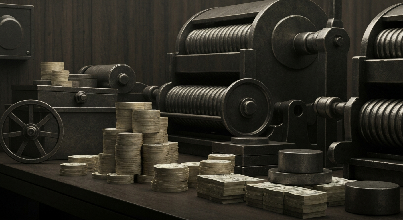 An extreme close-up of various metal gears, levers, and mechanisms that are part of the physical machinery powering a banking institution, conveying a sense of the heavy, industrial nature of financial infrastructure.