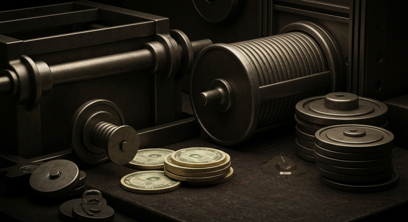 A highly detailed, black-and-white close-up image of gears, levers, and other heavy machinery components, conveying the industrial nature of modern banking and finance without depicting any recognizable branding or symbols.