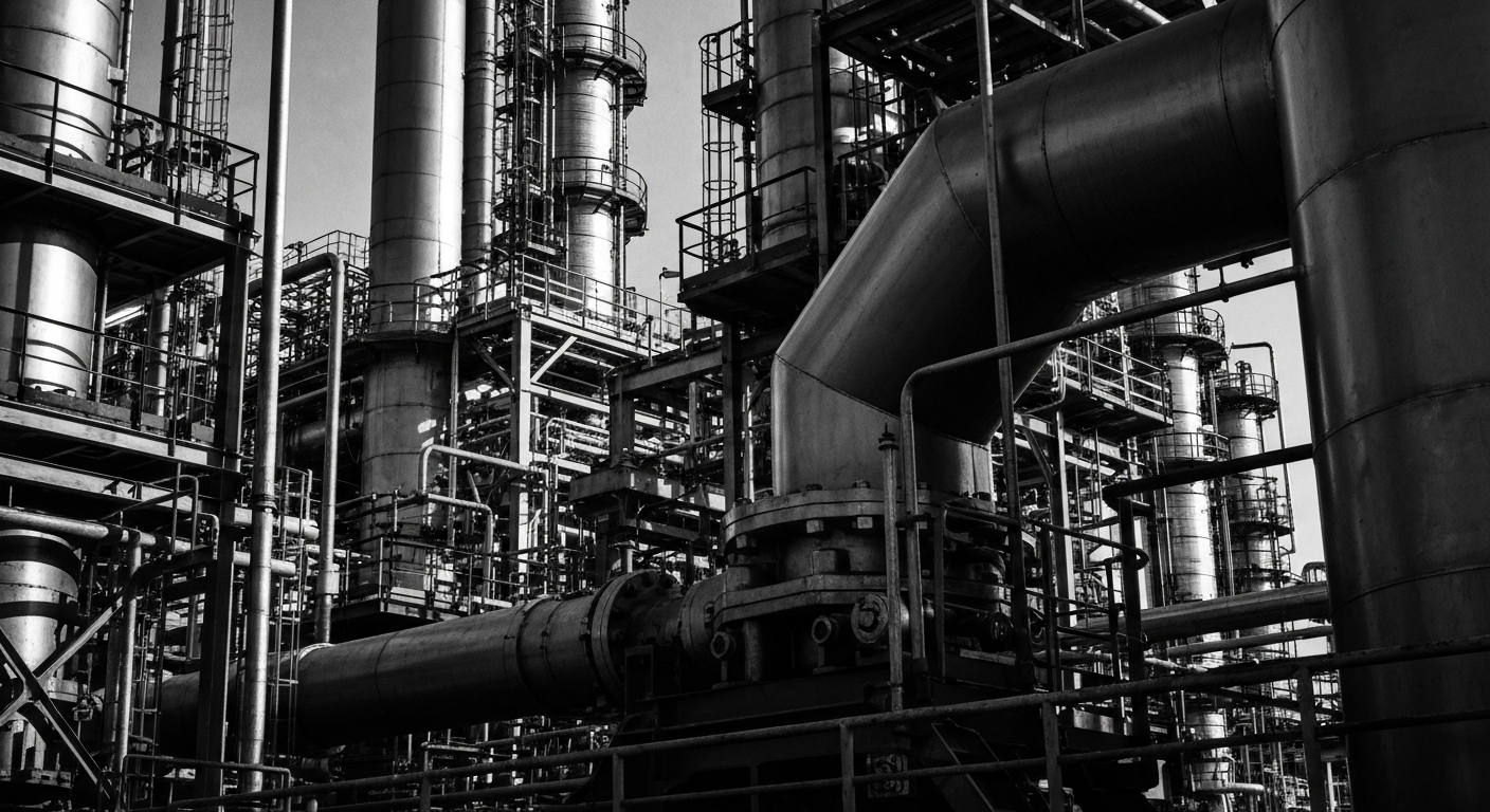 A high-contrast, black-and-white close-up image of the intricate machinery and pipes of an oil refinery, conveying the scale and complexity of the energy industry without any text or branding.