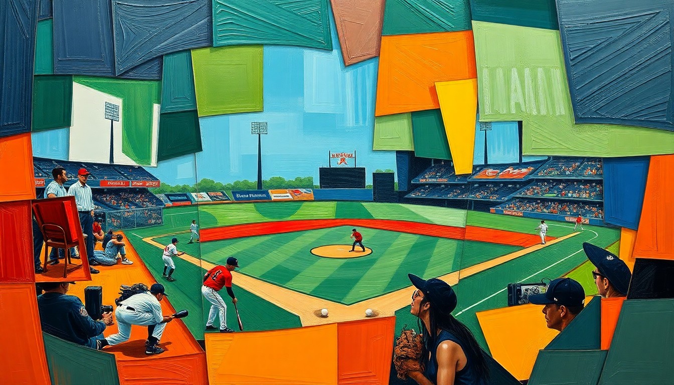 A cubist, geometric painting depicting a baseball game or practice, with overlapping planes of color and form representing the dynamic movements and energy of the sport.