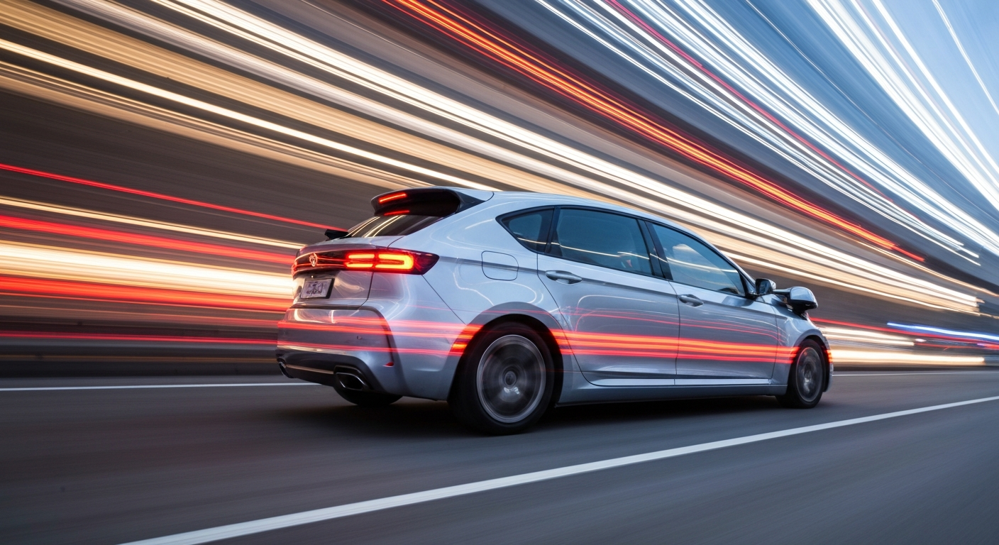An abstract, blurred image of a self-driving car in motion, conveying the speed and technological complexity of autonomous vehicles.