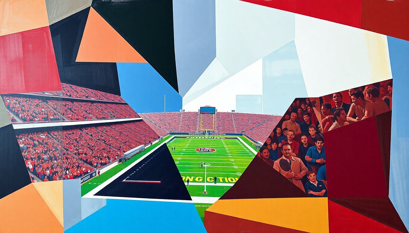 A cubist, geometric painting depicting a college football game in progress, with the players and field broken down into sharp, overlapping planes of color representing the University of South Carolina's official team colors.