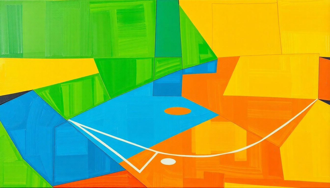 A vibrant, cubist-style painting depicting a high school softball game broken down into overlapping geometric shapes and planes of color, conveying the unique perspective umpires like Pruett and Taylor gain from their officiating roles.