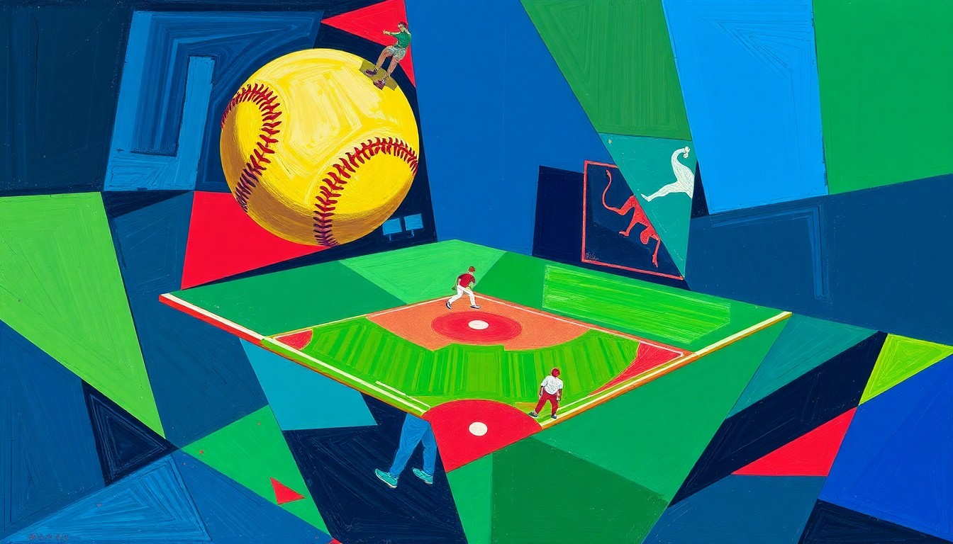 A fractured, geometric painting depicting a softball game or practice, with sharp planes of navy, green, and red intersecting to create a dynamic, multi-perspective scene.