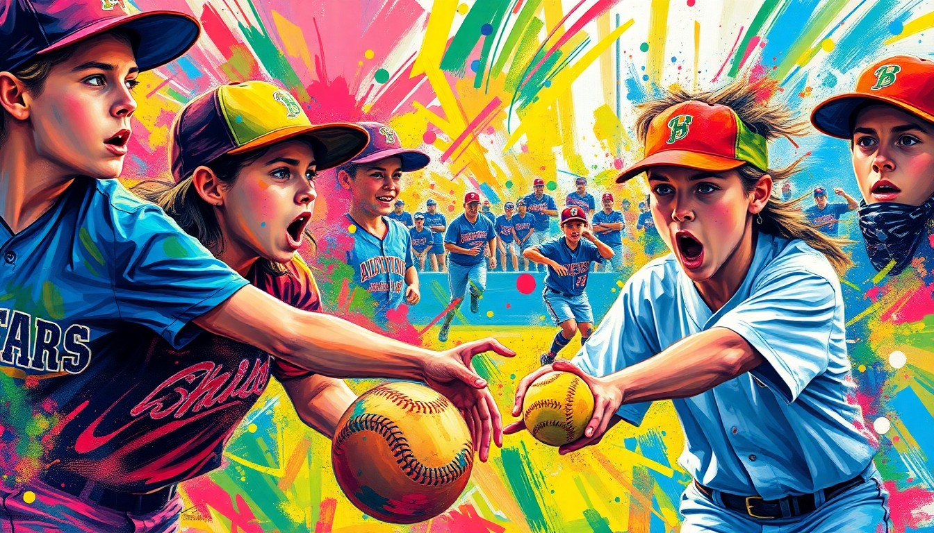 An abstract expressionist painting in vibrant neon colors, with rapid brushstrokes capturing the dynamic motion and energy of a high school softball game, faces and logos dissolving into unrecognizable splatters of paint.