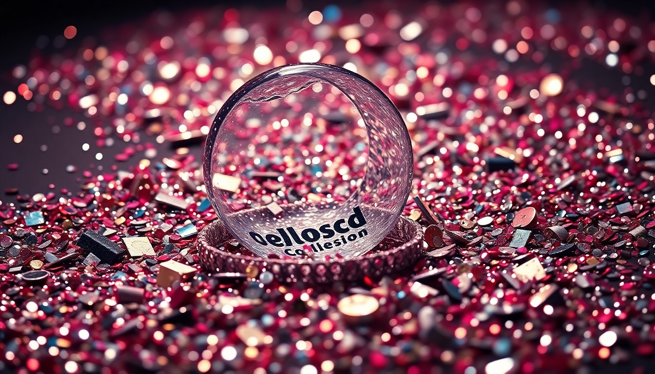 An extreme close-up photograph of shimmering sequins and shattered glass, capturing the glitz and energy of a major music festival.