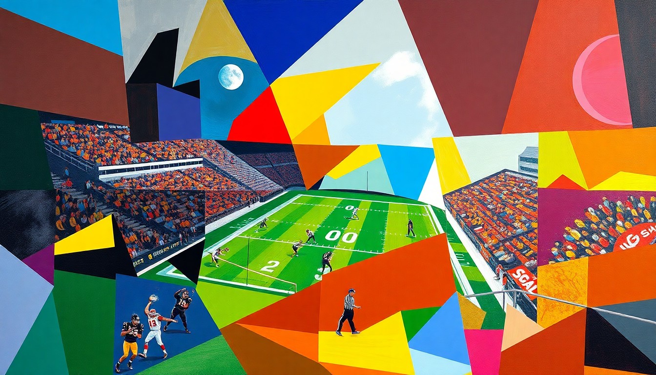 A cubist-style painting depicting a high school football game broken down into overlapping geometric shapes and planes in the team's official colors, capturing the dynamic energy and community spirit of the sport.