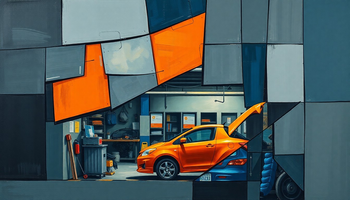 A cubist-style painting featuring fragmented, overlapping shapes and planes in shades of grey, orange, and blue, conceptually representing the components of an auto repair shop.